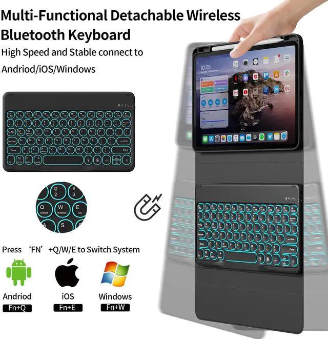 Alt view image 2 of 5 - kenke for iPad 10th Generation (10.9 Inch 2022) / iPad (A16) 11th (11 inch 2025) Keyboard Case with Right Pencil Holder, 7 Color Backlight Round Cap with Wireless Detachable Keyboard, Black