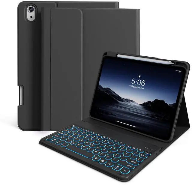 Main image of kenke for iPad 10th Generation (10.9 Inch 2022) / iPad (A16) 11th (11 inch 2025) Keyboard Case with Right Pencil Holder, 7 Color Backlight Round Cap with Wireless Detachable Keyboard, Black