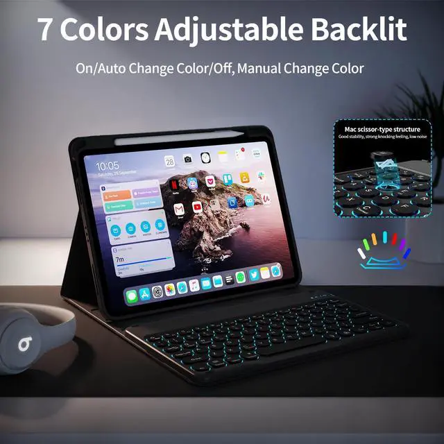 Alt view image 3 of 5 - kenke for iPad 10th Generation (10.9 Inch 2022) / iPad (A16) 11th (11 inch 2025) Keyboard Case with Right Pencil Holder, 7 Color Backlight Round Cap with Wireless Detachable Keyboard, Black