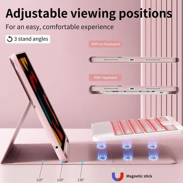 Alt view image 3 of 5 - JKSML Keyboard Case for iPad 9th/8th/7th Generation(2021/2020/2019) 10.2 Inch, Case with 7 Colors Backlit Detachable Keyboard Soft TPU Back Folio Stand, Built-in Left Side Pencil Holder, Pink