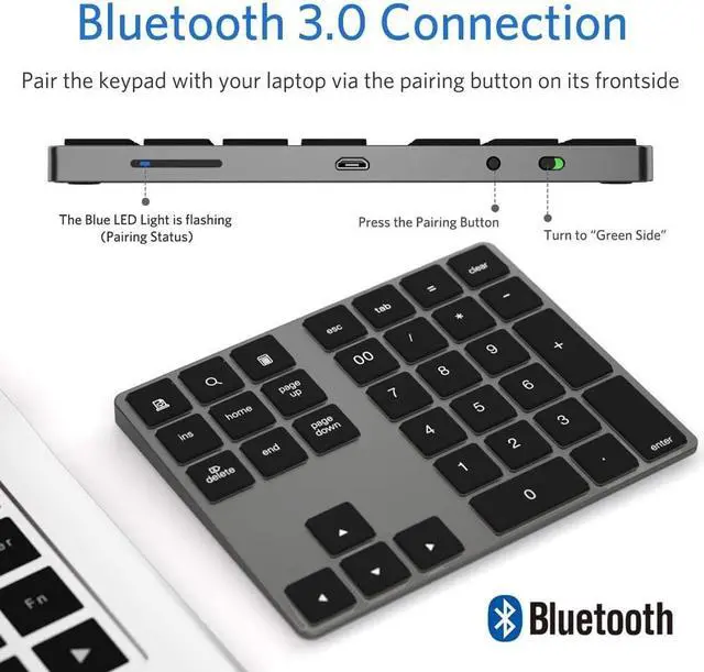 Alt view image 3 of 5 - JOYEKY Bluetooth Number Pad, Aluminum Rechargeable Numeric Keypad Wireless 34-Keys Number Keyboard Shortcut Keypad Numpad Data Entry Compatible for iMac Windows, MacBook Air/Pro and Laptop etc.
