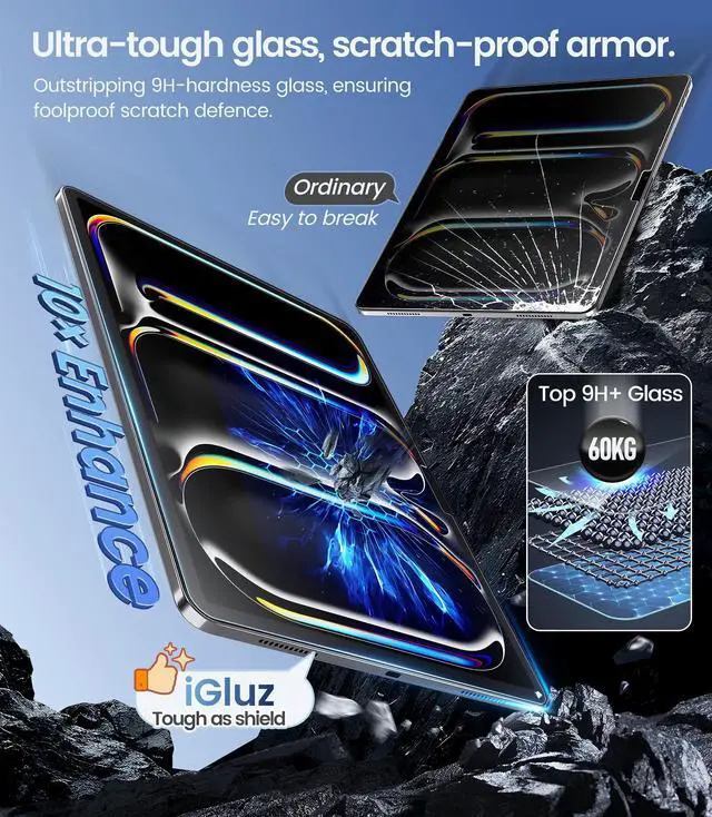 Alt view image 4 of 5 - iGluz 2 Pack for iPad Pro 13 inch M4 7th Gen(2024) 9H+ Tempered Glass Screen Protector with Easy-Install Box[12FT Military Grade Shatterproof] Apple Pencil Compatible,HD Clarity,Scratch Resistant