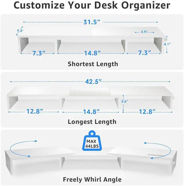 Alt view image 3 of 5 - La Jaco Dual Monitor Stand Riser for 2 Monitors, Monitor Stand for Desk, Adjustable Length & Swivel Angle Wooden Desktop Organizer Stand Riser with Smartphone Holder for PC Monitor Laptop, White