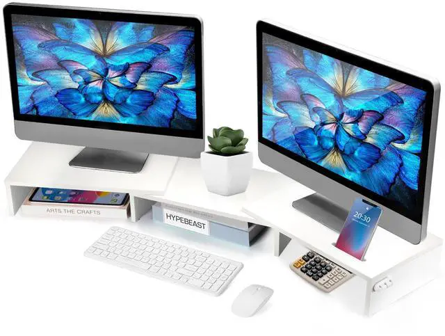 Main image of La Jaco Dual Monitor Stand Riser for 2 Monitors, Monitor Stand for Desk, Adjustable Length & Swivel Angle Wooden Desktop Organizer Stand Riser with Smartphone Holder for PC Monitor Laptop, White