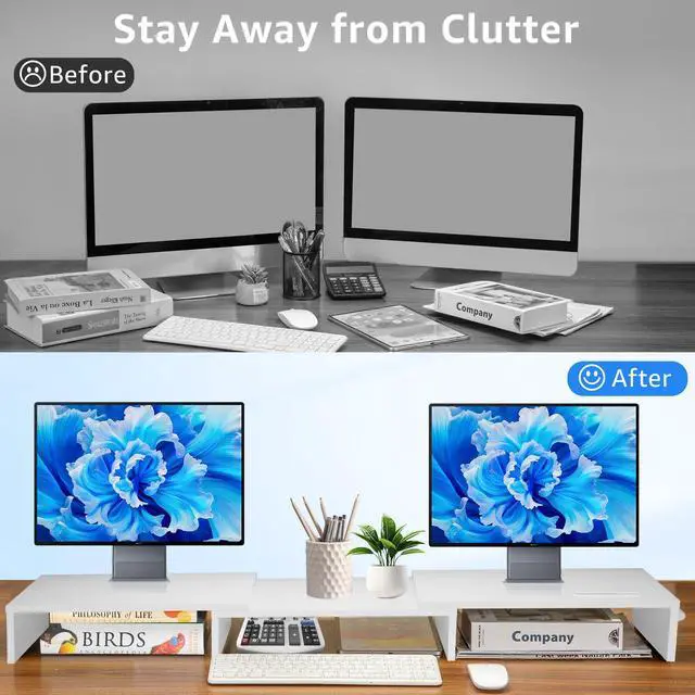 Alt view image 2 of 5 - La Jaco Dual Monitor Stand Riser for 2 Monitors, Monitor Stand for Desk, Adjustable Length & Swivel Angle Wooden Desktop Organizer Stand Riser with Smartphone Holder for PC Monitor Laptop, White