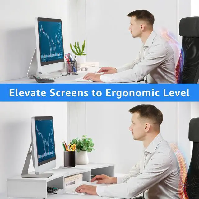 Alt view image 4 of 5 - La Jaco Dual Monitor Stand Riser for 2 Monitors, Monitor Stand for Desk, Adjustable Length & Swivel Angle Wooden Desktop Organizer Stand Riser with Smartphone Holder for PC Monitor Laptop, White