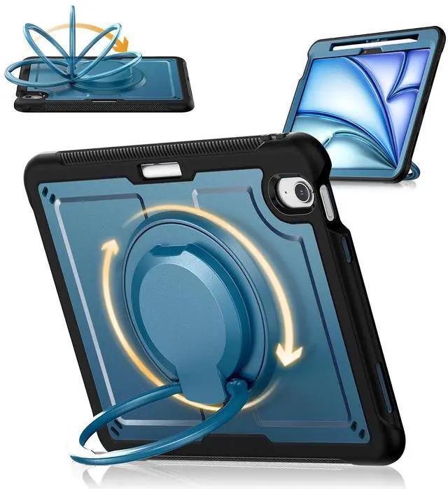 Main image of KAIJIAbox Compatible with iPad Air 11 Inch Case M3 2025/M2 2024, Shockproof Drop-Proof Cover,360deg Rotating Handle Stand,Adjustable Shoulder Strap&Pencil Holder(Blue)