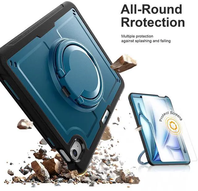 Alt view image 2 of 5 - KAIJIAbox Compatible with iPad Air 11 Inch Case M3 2025/M2 2024, Shockproof Drop-Proof Cover,360deg Rotating Handle Stand,Adjustable Shoulder Strap&Pencil Holder(Blue)