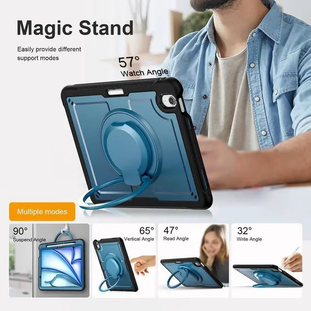 Alt view image 4 of 5 - KAIJIAbox Compatible with iPad Air 11 Inch Case M3 2025/M2 2024, Shockproof Drop-Proof Cover,360deg Rotating Handle Stand,Adjustable Shoulder Strap&Pencil Holder(Blue)