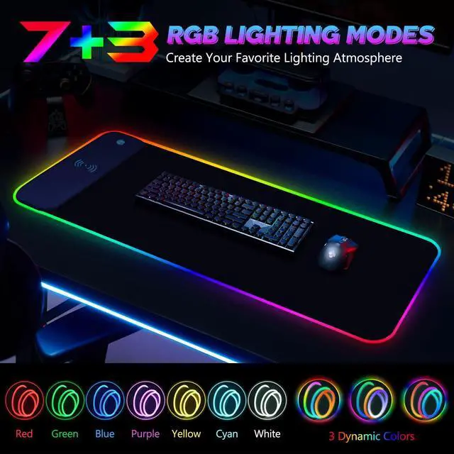 Alt view image 2 of 5 - Lauspuck RGB Gaming Mouse Pad with Wireless Charging, Large LED Mouse Pad with 10 Light Modes, Extended Keyboard Pad Non-Slip Rubber Base,Waterproof Desk Pad for Home Office, Black