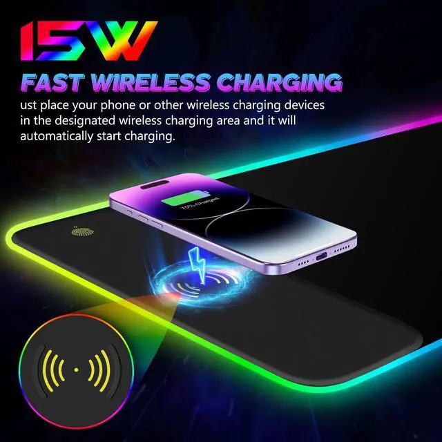 Alt view image 3 of 5 - Lauspuck RGB Gaming Mouse Pad with Wireless Charging, Large LED Mouse Pad with 10 Light Modes, Extended Keyboard Pad Non-Slip Rubber Base,Waterproof Desk Pad for Home Office, Black