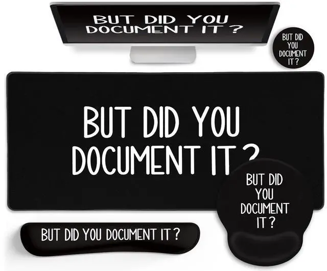 Main image of LIMKRIAN Black Mouse Pad Large Desk Mat Set, Funny Mouse Pad with Wrist Rest Keyboard Wrist Support XXL Mousepad Cup Coaster Set, Cute Office Desk Accessories Decor Supplies But Did You Document It
