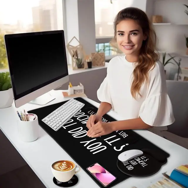 Alt view image 2 of 5 - LIMKRIAN Black Mouse Pad Large Desk Mat Set, Funny Mouse Pad with Wrist Rest Keyboard Wrist Support XXL Mousepad Cup Coaster Set, Cute Office Desk Accessories Decor Supplies But Did You Document It