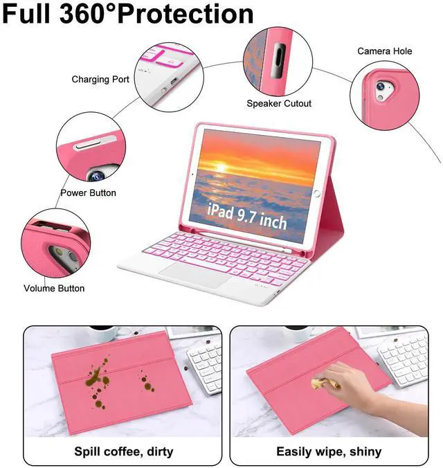 Alt view image 4 of 5 - for iPad Keyboard case 9.7 inch, iPad 6th Gen (2018), iPad 5th Gen (2017), iPad Air 2 (2014), Multi-Touch Trackpad, Detachable Backlit Folio Keyboard Slim Cover with Pencil Holder,Red