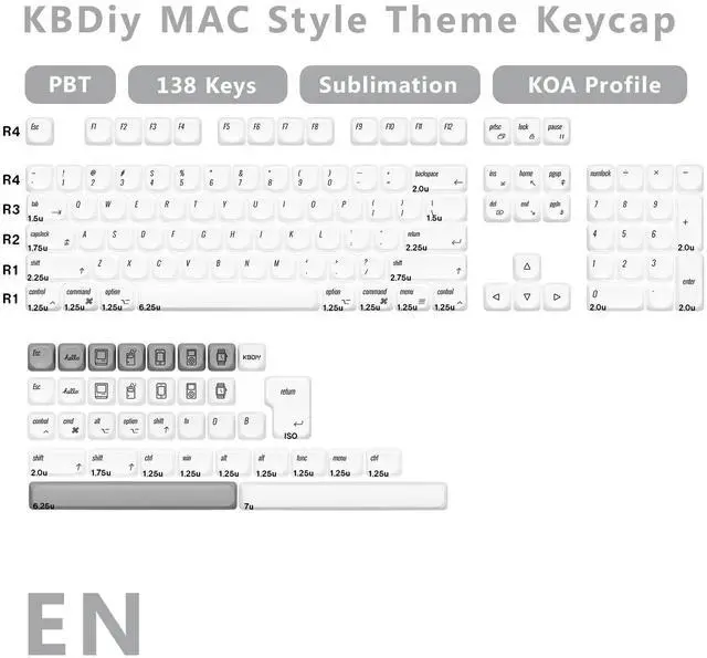 Alt view image 2 of 5 - YMKPVR KBDiy for MAC Style KOA Profile Keycaps 60 Percent,Dye-Sublimation PBT White Custom Keyboard Keycap,138 Keys Cap Set for Cherry Gateron MX Switches Mechanical Keyboards