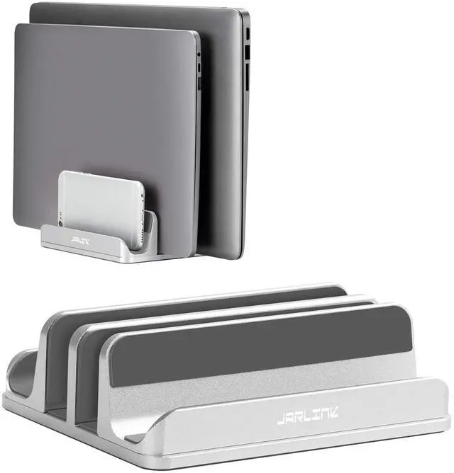 Main image of JARLINK 4-in-1 Adjustable Vertical Laptop Stand Holder, Aluminum Dual Slots Laptop Rack for Desk, Space-Saving Organizer for All MacBook, Surface, Chromebook, and Gaming Laptops (Silver)