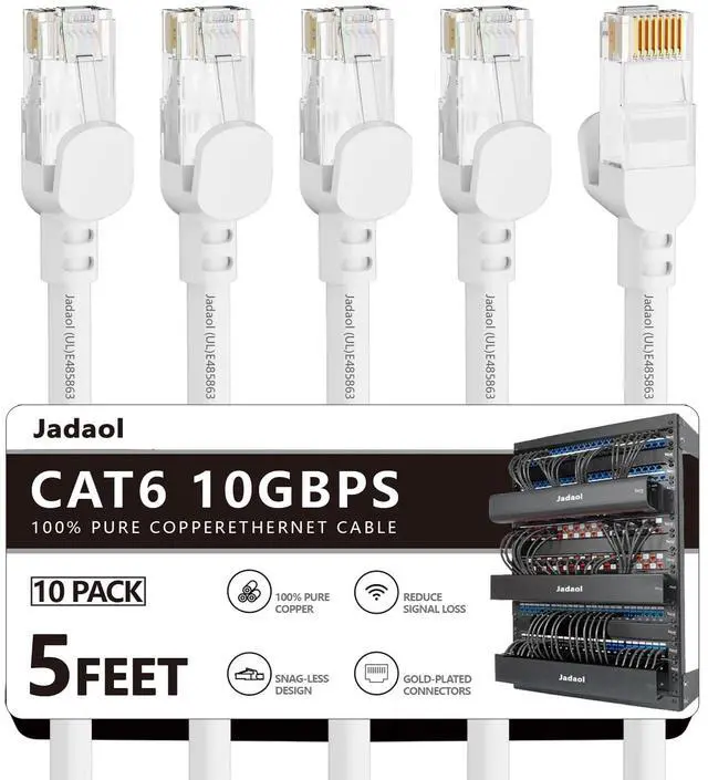 Main image of Jadaol Cat 6 Ethernet Cable 5ft 10Pack, Outdoor&Indoor, 10Gbps Support Cat8/7 Network, 24AWG Pure Copper Patch LAN Cord, Direct Burial Waterproof UV Resistant for Router, Modem, Switch, Server, White