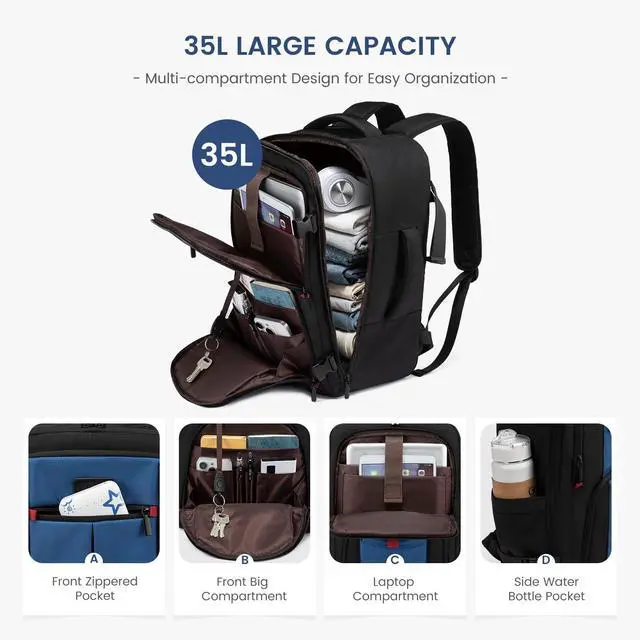 Alt view image 3 of 5 - LOVEVOOK Travel Laptop Backpack for Men, 35L Large Carry On Backpack Personal Item Size, Airline Approved Waterproof Bookbag with 2 Packing Cubes Fits 15.6" Laptop, Black&Blue