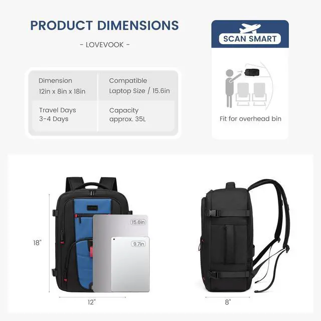 Alt view image 5 of 5 - LOVEVOOK Travel Laptop Backpack for Men, 35L Large Carry On Backpack Personal Item Size, Airline Approved Waterproof Bookbag with 2 Packing Cubes Fits 15.6" Laptop, Black&Blue