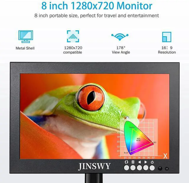 Alt view image 2 of 5 - JINSWY 8" Mini Security Monitor, Portable 1280x720 Metal Screen, HDMI/VGA/AV/BNC Input, Built-in Speakers & Remote, for CCTV Surveillance and Security Systems
