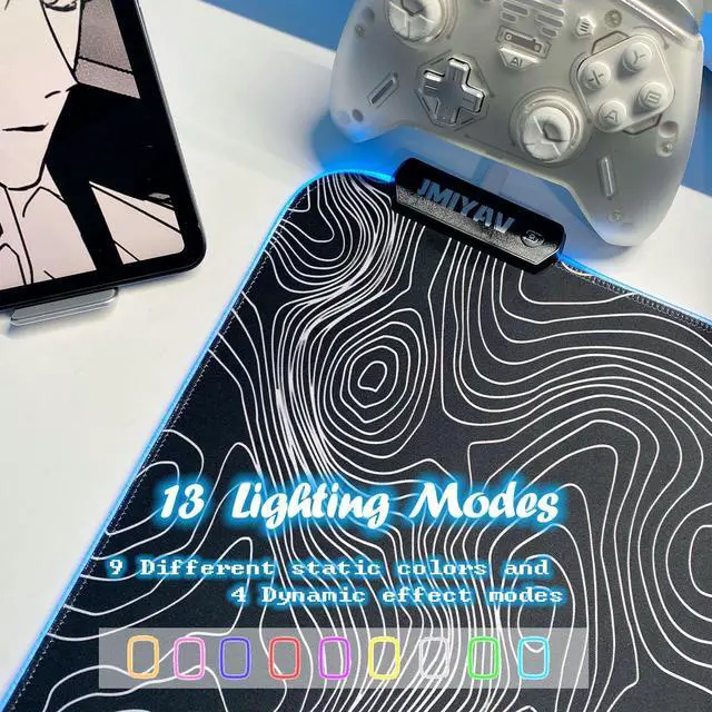 Alt view image 4 of 5 - JMIYAV Topographic Gaming Mouse Pad RGB Mousepad Non-Slip Rubber Base Extra Large Cool XL XXL Computer Desk Pad Gaming Accessories LED Light Up Extended Big Mouse Pad for Gamer Black (31.5x12In)