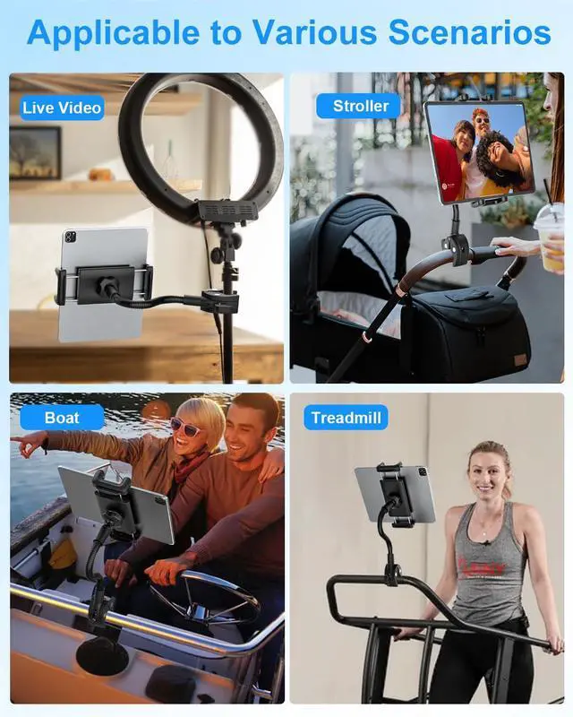 Alt view image 5 of 5 - Kolasels Spin Bike Tablet Holder, Gooseneck Tablet Holder for Wheelchair, Stroller, Indoor Cycling, Gym Bicycle, Treadmill, Mic Stand, Compatible iPad Pro Air Mini, Galaxy Tabs, 4.7-12.9" Tablets