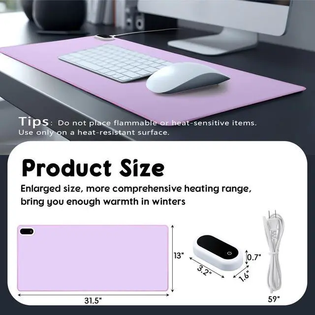 Alt view image 2 of 5 - Konohan Heated Large Desk Mat PU Leather Warm Mouse Pad with 5 Heating Level & 4 Hour Auto Shut-Off Heating Keyboard Pad Warmer Gaming Mouse Pad for Office Home(Purple Color,31.5" X 13")