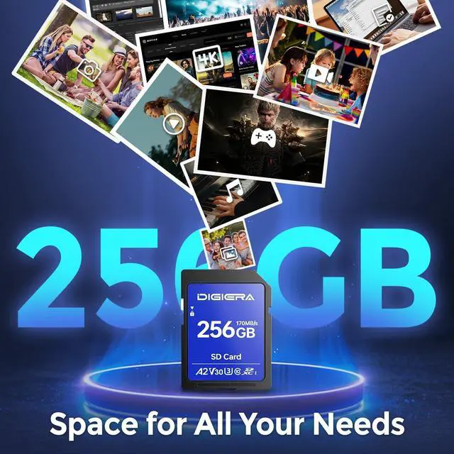 Alt view image 3 of 5 - DIGIERA 256GB LS100 SDXC UHS-I Memory Card - up to 170MB/s, C10, U3, V30, 4K UHD, SD Card for Computers, Digital Cameras, Home Theatre Devices, Car Navigation Systems (1 Pack)