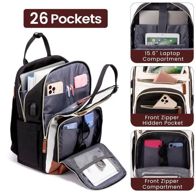 Alt view image 4 of 5 - LOVEVOOK Backpack for Women, Fits 15.6 Inch Laptop Bag, School Backpacks, Fashion Travel Work Anti-theft Bag, Business Computer Waterproof College Backpack Purse, Beige-Black-Brown