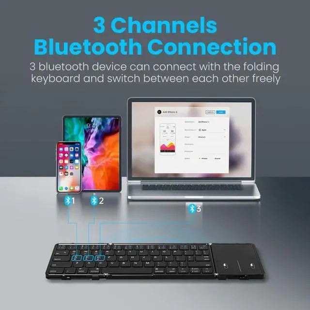 Alt view image 3 of 5 - JOMAA Foldable Bluetooth Keyboard with Touchpad Portable, Full-Size Travel Keyboard with PU Leather, Support 3 Devices for iOS Android Windows Mac OS (with touchpad)