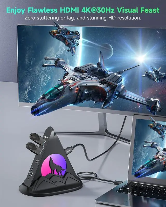 Alt view image 4 of 5 - Pink&Black USB C Hub Multiport Adapter, 8-in-1 Wolf USBC Hub with 4K 30Hz HDMI, 100W Power Delivery, 5Gbps 3 USB-A Data Ports, USB-C3.0, SD/TF Card Reader, RGB Docking for MacBook Pro, Mac Mini, Dell