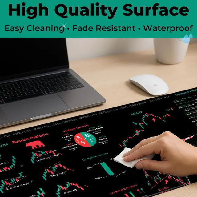 Alt view image 3 of 5 - Stock Market Mouse Pad - Large 15.7"x31.5" Trading Desk Mat with Chart Patterns & Investing Cheat Sheet - Perfect for Day Traders & Investors - Smooth Surface, Non-Slip, Stitched Edges