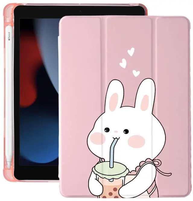 Main image of Cute Kawaii Bunny for iPad Mini 6 Case with Pencil Holder, Auto Sleep/Wake, Pink Leather Soft TPU Back Cover