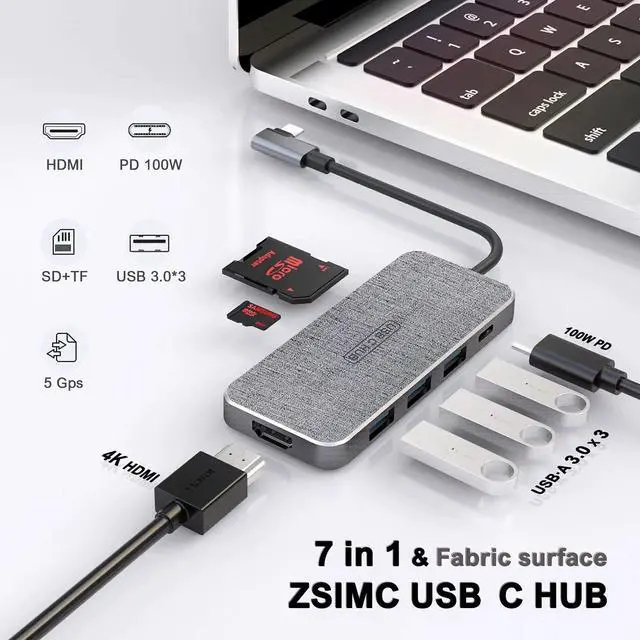 Alt view image 2 of 5 - USB C Hub, ZSIMC 7-in-1 Docking Station Multiport Adapter with 4K HDMI, 100W Power Delivery, 3 USB 3.0 Ports, SD/TF Card Reader for MacBook Pro/Air, iPad Pro/Mini 6, Surface and More Type C Laptops