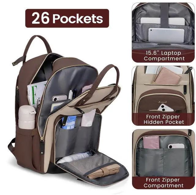 Alt view image 4 of 5 - LOVEVOOK Backpack for Women,Laptop Backpack Women,Fits 15.6 Inch Laptop Bag,School Backpacks,Fashion Travel Work Anti-theft Bag,Waterproof Business Computer College Backpack Purse,Brown-Apricot