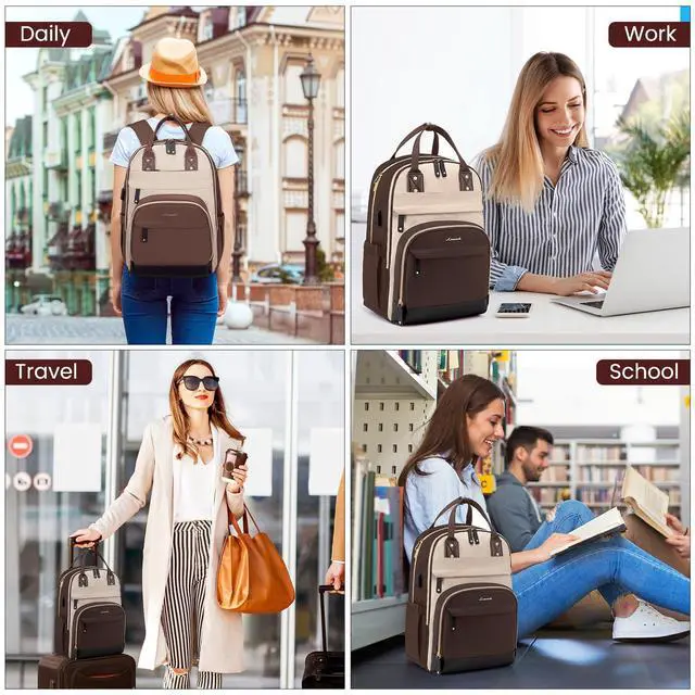 Alt view image 3 of 5 - LOVEVOOK Backpack for Women,Laptop Backpack Women,Fits 15.6 Inch Laptop Bag,School Backpacks,Fashion Travel Work Anti-theft Bag,Waterproof Business Computer College Backpack Purse,Brown-Apricot
