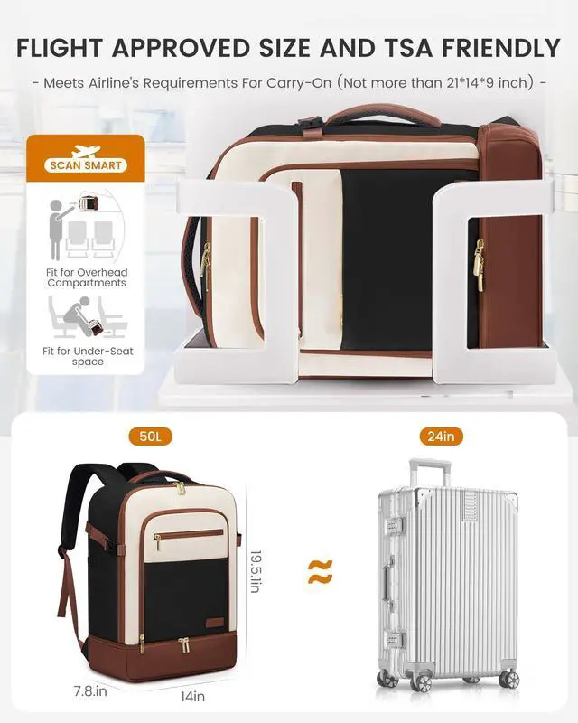 Alt view image 4 of 5 - LOVEVOOK Travel Backpack for Women with Shoes Compartment,50L Personal Item Travel Bag Flight Approved Carry On Backpack with 2 Packing Cubes,Large Casual Weekender Luggage Daypack