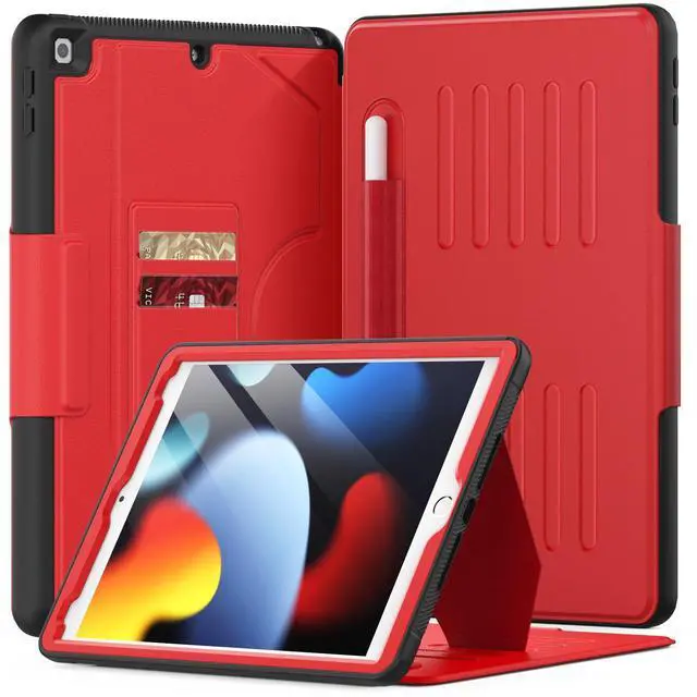 Main image of KAIJIAbox Case for iPad 9th/8th/7th Generation Case 10.2 inch 2021/2020/2019, PU Leather Strong Magnetic Cover with Multi-Angle Magnetic Stand, Pencil Holder, Card Slots, Auto Sleep/Wake, Red