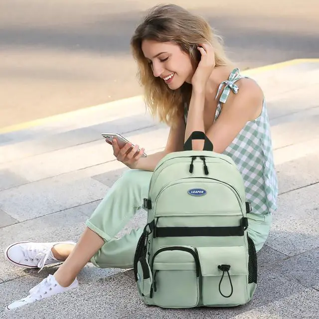 Alt view image 3 of 5 - Leaper School Laptop Backpack for Women: Water Resistant Travel Backpack with Water Bottle Pocket - Laptop Bag for College Work - Lightweight Bookbag for Kids Girls Boys Green