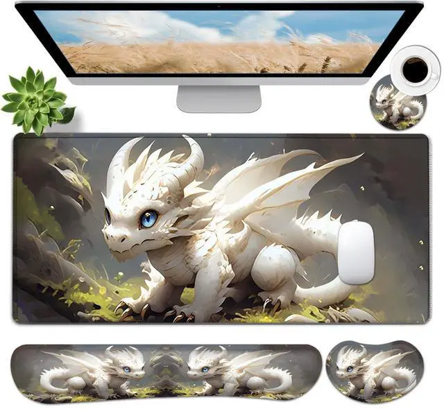 Main image of JVGFYNKL Large Gaming Mouse Pad Set, Ergonomic Memory Foam Keyboard Wrist Rest Support + Mouse Wrist Rest + Extended Desk Mat with Non-Slip Rubber Base, White and Gold Baby Dragon Pattern Desk Pad