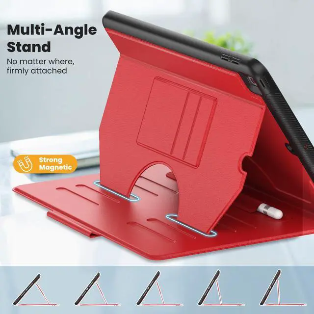 Alt view image 3 of 5 - KAIJIAbox Case for iPad 9th/8th/7th Generation Case 10.2 inch 2021/2020/2019, PU Leather Strong Magnetic Cover with Multi-Angle Magnetic Stand, Pencil Holder, Card Slots, Auto Sleep/Wake, Red