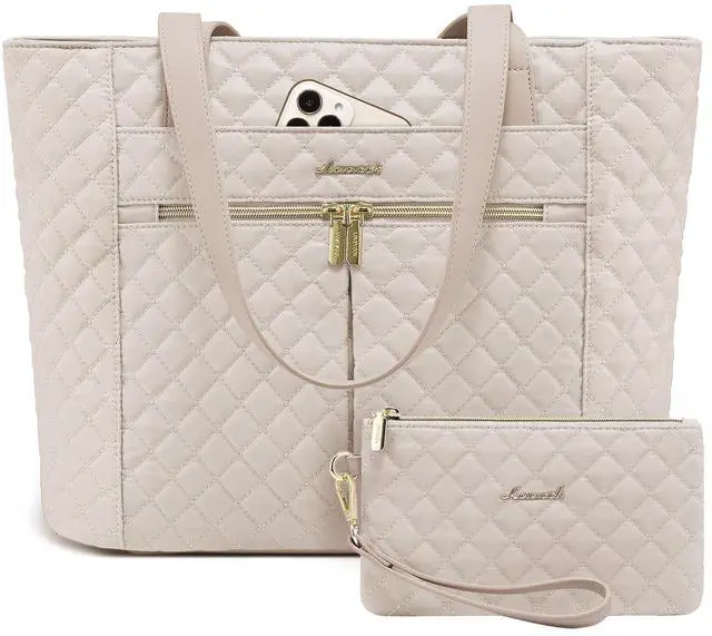 Main image of LOVEVOOK Laptop Bag for Women 15.6 inch,Diamond Quilted Work Tote Bags Womens Laptop Computer Shoulder Bags,Stylish Travel Tote Bags Laptop Purse Briefcase Handbag with Clutch Purse,Nude