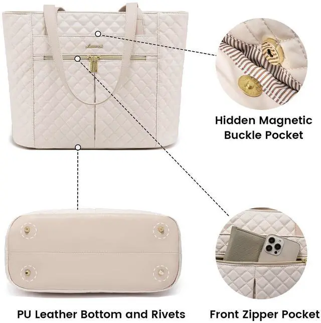 Alt view image 4 of 5 - LOVEVOOK Laptop Bag for Women 15.6 inch,Diamond Quilted Work Tote Bags Womens Laptop Computer Shoulder Bags,Stylish Travel Tote Bags Laptop Purse Briefcase Handbag with Clutch Purse,Nude