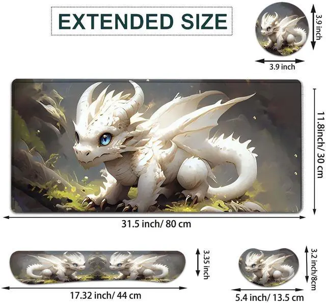 Alt view image 2 of 5 - JVGFYNKL Large Gaming Mouse Pad Set, Ergonomic Memory Foam Keyboard Wrist Rest Support + Mouse Wrist Rest + Extended Desk Mat with Non-Slip Rubber Base, White and Gold Baby Dragon Pattern Desk Pad