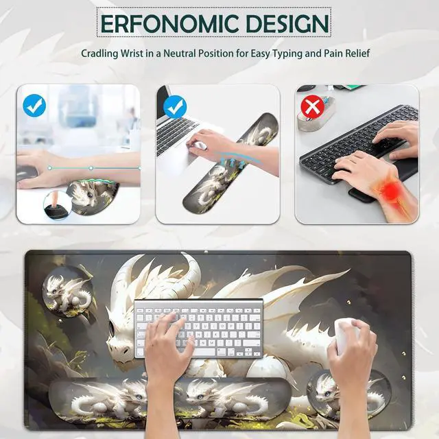 Alt view image 3 of 5 - JVGFYNKL Large Gaming Mouse Pad Set, Ergonomic Memory Foam Keyboard Wrist Rest Support + Mouse Wrist Rest + Extended Desk Mat with Non-Slip Rubber Base, White and Gold Baby Dragon Pattern Desk Pad