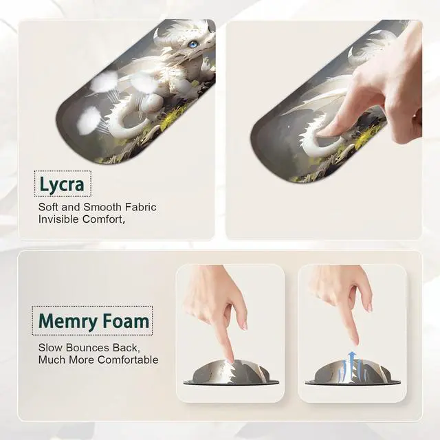 Alt view image 4 of 5 - JVGFYNKL Large Gaming Mouse Pad Set, Ergonomic Memory Foam Keyboard Wrist Rest Support + Mouse Wrist Rest + Extended Desk Mat with Non-Slip Rubber Base, White and Gold Baby Dragon Pattern Desk Pad