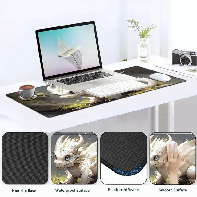 Alt view image 5 of 5 - JVGFYNKL Large Gaming Mouse Pad Set, Ergonomic Memory Foam Keyboard Wrist Rest Support + Mouse Wrist Rest + Extended Desk Mat with Non-Slip Rubber Base, White and Gold Baby Dragon Pattern Desk Pad