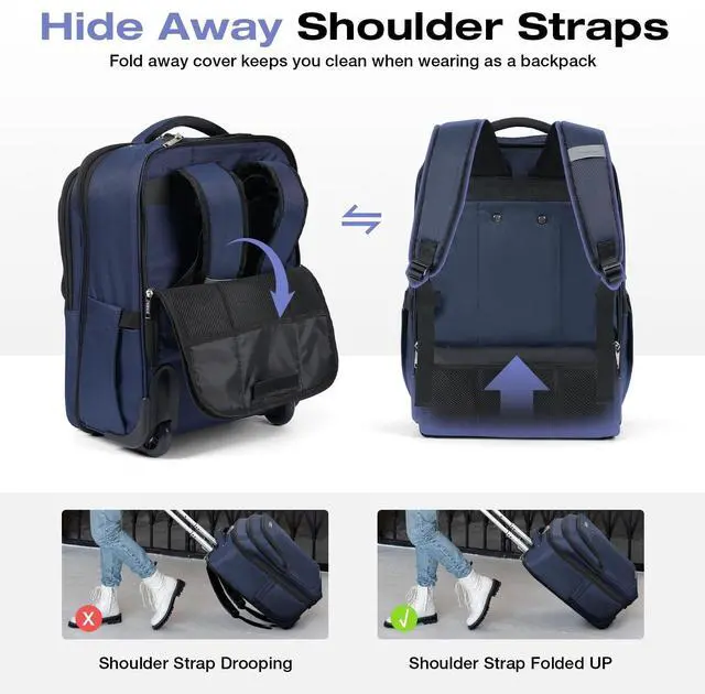 Alt view image 5 of 5 - Lekespring Rolling Backpack for Adults,17 Inch Waterproof Carry-on Backpack with Wheels, Wheeled Backpack Carry-on Luggage, Travel Backpack for Men Women, Trolley Laptop Backpack, Navy Blue Medium