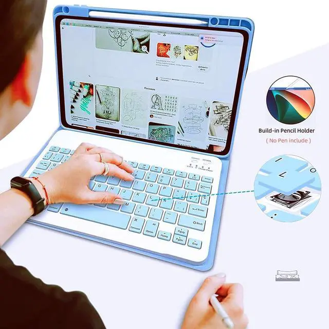 Alt view image 4 of 5 - Lrufodya Keyboard Case with Pen Slot for Galaxy Tab A9 Plus 2023 / A9+ 5G 11 Inch (SM-X210/X216/X218) Folio Tablet Cover with Magnetic Detachable Wireless Keyboard Multi-Angle Stand (Ice Blue)