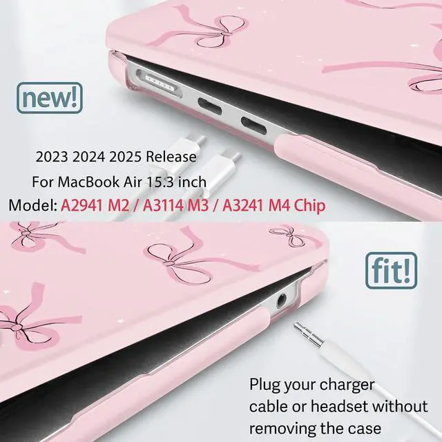 Alt view image 3 of 5 - May Chen for M4 MacBook Air 15 inch Case A3241 A3114 M3 A2941 M2 2025 2024 2023 Release, Plastic Hard Shell for MacBook Air 15.3" with Retina Dispaly Fits Touch ID, Chalk Pink Bow